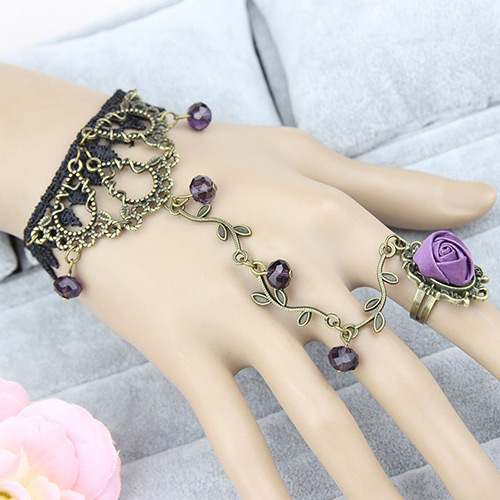 Vintage Purple Beads&rose Flower Shape Decorated Leaf Design Ring