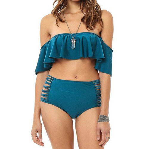 Fashion Blue Pure Color Decorated Off-the-shoulder Lotus Leaf Hem Design Bikini