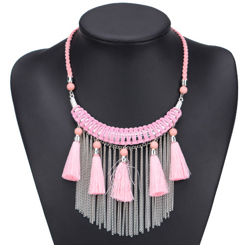 Fashion Pink Long Tassel Pendant Decorated Hand-woven Simple Necklace