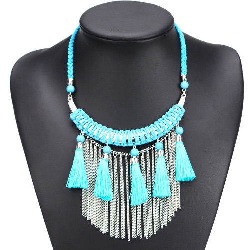 Fashion Light Blue Long Tassel Pendant Decorated Hand-woven Simple Necklace