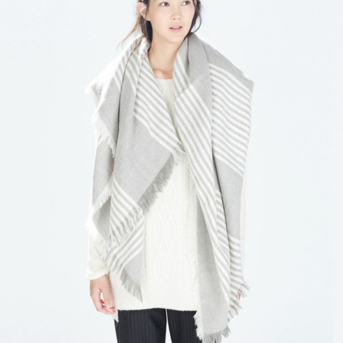 Fashion Gray Stripe Pattern Decorated Tassel Design Simple Shawl
