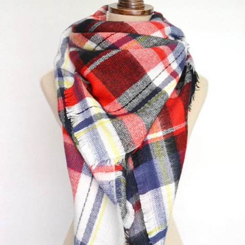 Fashion Red Grid Pattern Decorated Tassel Design Color Matching Scarf