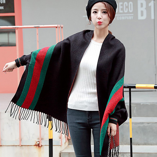 Fashion Black Long Tassel Pendant Decorated Pure Color Double Sides Dual-use Scarf