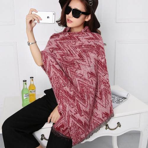 Fashion Claret Red Ripple Pattern Decorated Double Sides Dual-use Thick Shawl