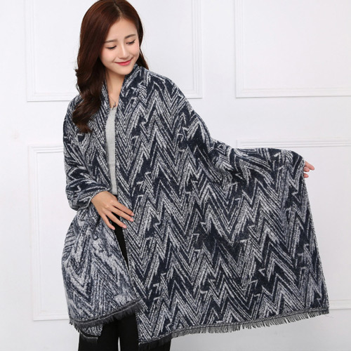 Fashion Navy Ripple Pattern Decorated Double Sides Dual-use Thick Shawl