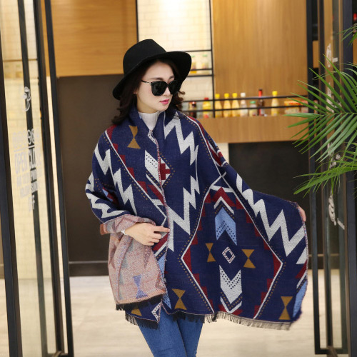 Fashion Blue Geometric Shape Pattern Decorated Double Sides Thick Scarf