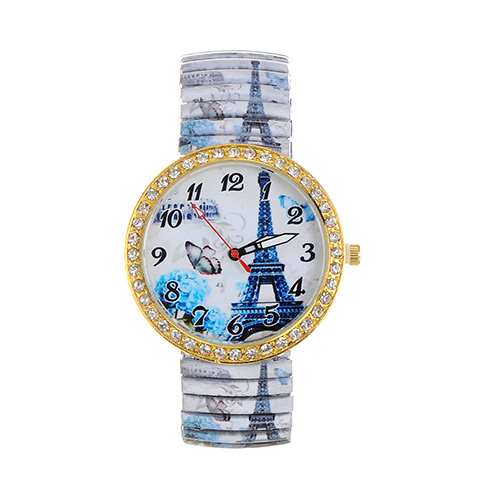 Fashion Blue Iron Tower Pattern Decorated Large Dial Design Strech Watch