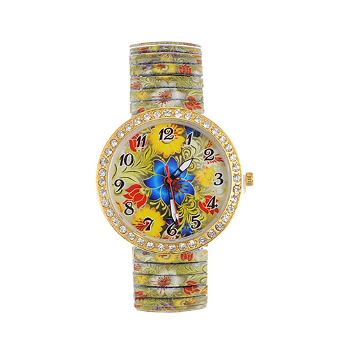 Fashion Multi-color Flower Pattern Decorated Large Dial Design Strech Watch