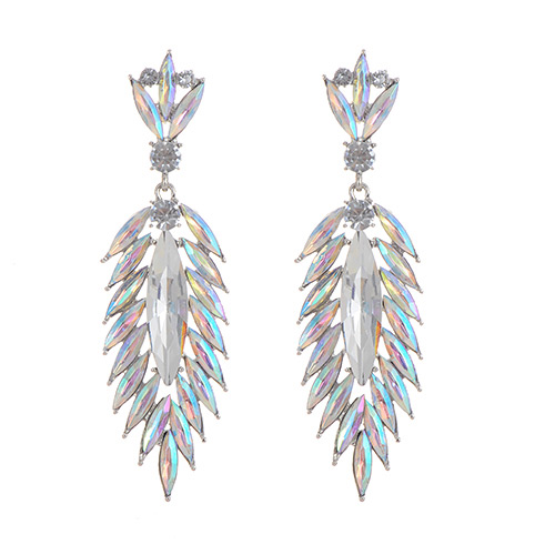 Fashion Multi-color Oval Shape Diamond Decorated Hollow Out Leaf Shape Simple Earrings