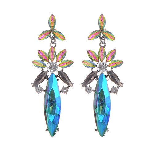 Fashion Blue Oval Shape Diamond Decorated Flower Shape Simple Earrings