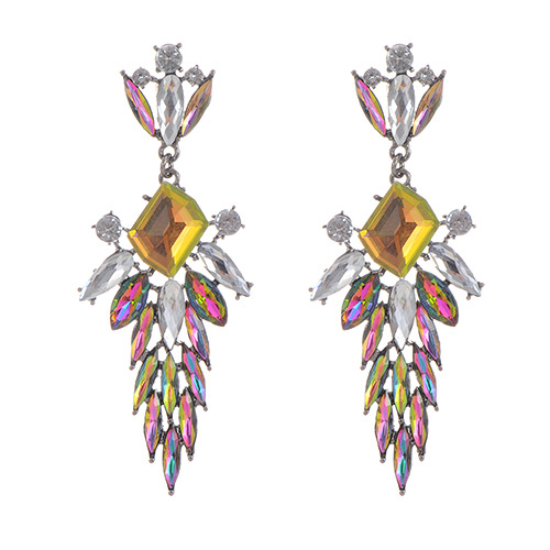 Fashion Yellow+plum Red Square Shape Diamond Decorated Hollow Out Design Earrings