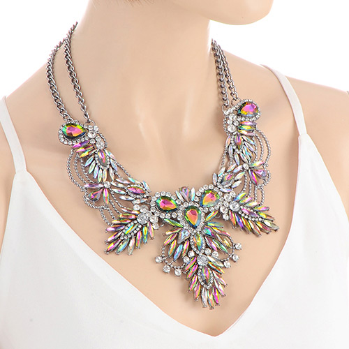 Fashion Multi-color Oval Shape Diamond Decorated Souble Layer Necklace