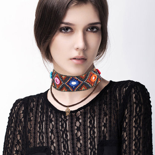 Bohemia Brown Painted Design Decorated Double Layer Choker