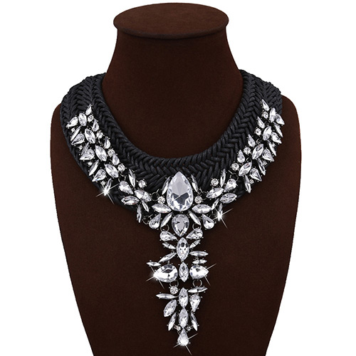 Vintage Black Waterdrop Diamond Tassel Decorated Hand-woven Chain Necklace