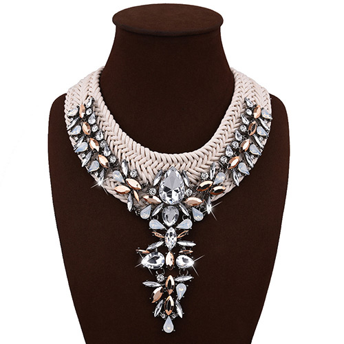 Vintage White Waterdrop Diamond Tassel Decorated Hand-woven Chain Necklace