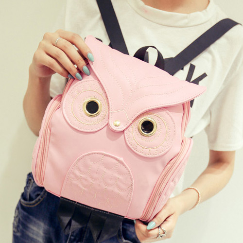 Cute Light Pink Pure Color Decorated Owl Shape Desgin Backpack