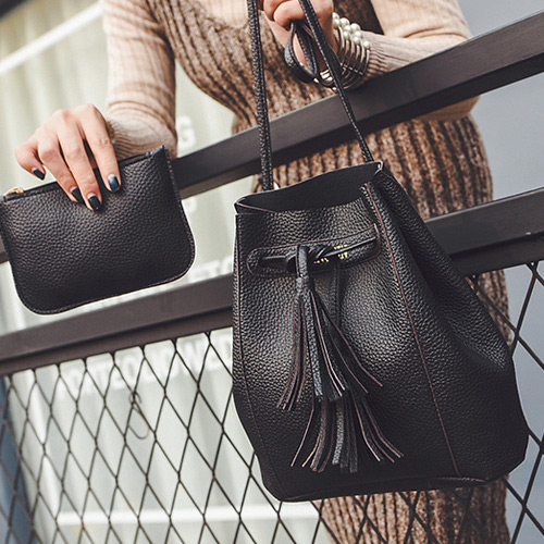 Elegant Black Double Tassel Pendant Decorated Pure Color Shoulder Bag(2pcs)