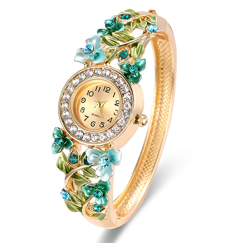 Fashion Gold Color+green Flower Decorated Hollow Out Design Color Matching Watch