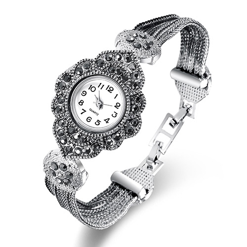 Fashion Silver Color Diamond Decorated Flower Shape Dial Design Multi-layer Chain Watch