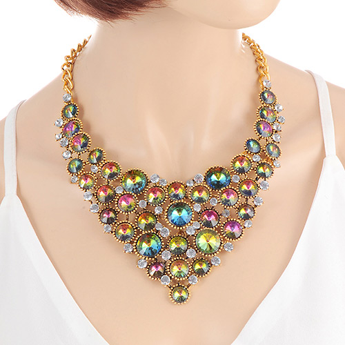 Fashion Green +plum Red Round Shape Diamond Decorated Hollow Out Design Necklace