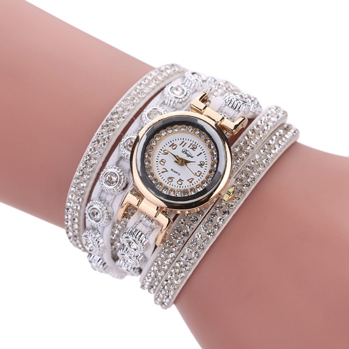 Fashion White Diamond Decorated Round Shape Dial Multi-layer Watch