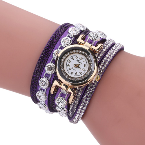 Fashion Purple Diamond Decorated Round Shape Dial Multi-layer Watch