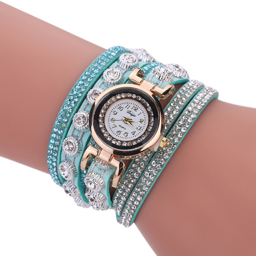 Fashion Blue Diamond Decorated Round Shape Dial Multi-layer Watch