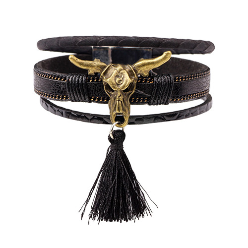 Exaggerated Black Ox-head&tassel Pendant Decorated Multilayer Bracelet