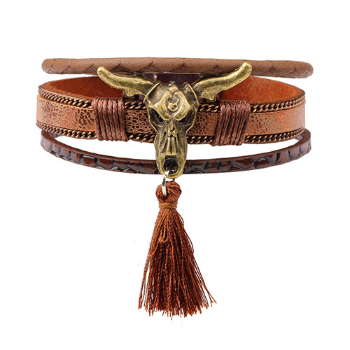 Exaggerated Coffee Ox-head&tassel Pendant Decorated Multilayer Bracelet