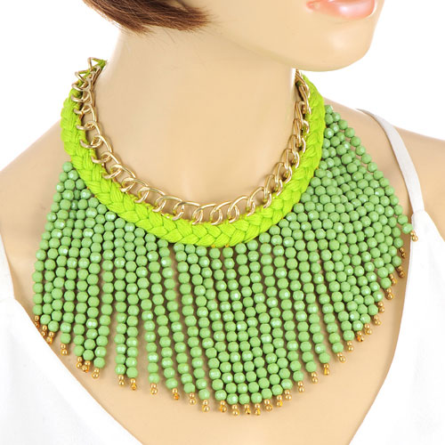 Bohemia Green Beads Weaving Tassel Pendant Decorated Double Layer Necklace