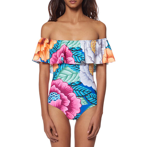 Fashion Multi-color Flower Pattern Decorated Lotus Leaf Design Swimwear