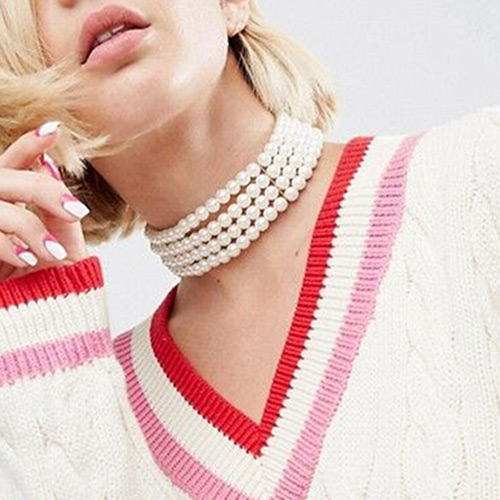 Fashion White Pearls Decorated Multi-layer Pure Color Choker