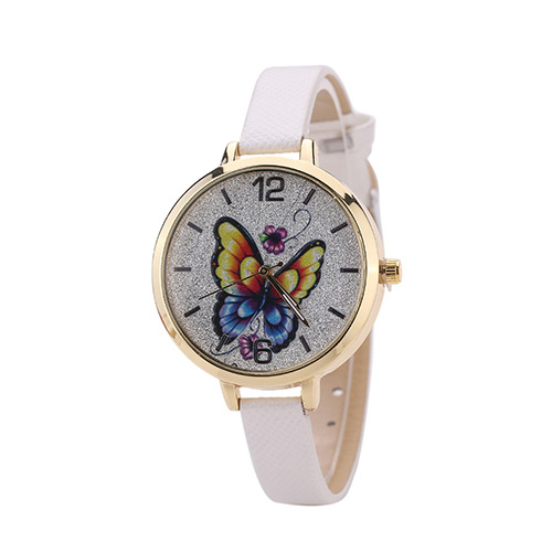 Fashion White Buterfly Pattern Decorated Round Dail Design Thin Strap Watch