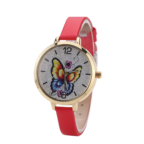 Fashion Red Buterfly Pattern Decorated Round Dail Design Thin Strap Watch