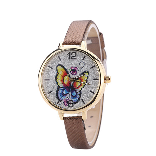 Fashion Brown Buterfly Pattern Decorated Round Dail Design Thin Strap Watch
