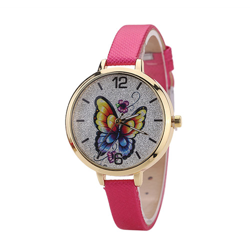 Fashion Plum Red Buterfly Pattern Decorated Round Dail Design Thin Strap Watch
