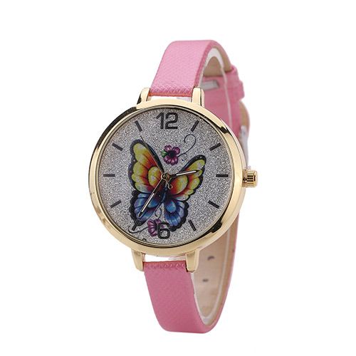 Fashion Pink Buterfly Pattern Decorated Round Dail Design Thin Strap Watch