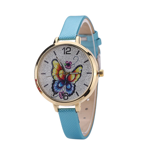 Fashion Blue Buterfly Pattern Decorated Round Dail Design Thin Strap Watch