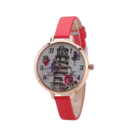 Fashion Red The Leaning Tower Of Pisa Pattern Decorated Thin Strap Watch