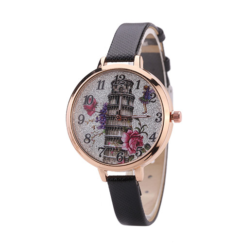 Fashion Black The Leaning Tower Of Pisa Pattern Decorated Thin Strap Watch
