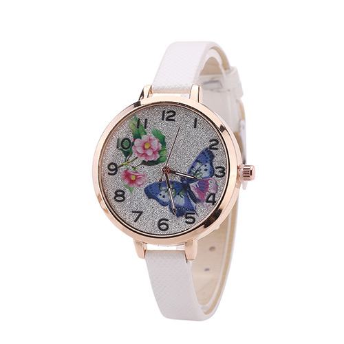 Fashion White Buterfly&flower Pattern Decorated Round Dail Thin Strap Watch