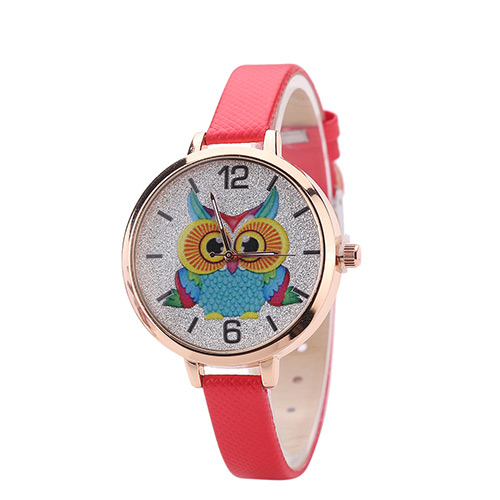 Fashion Red Owl Pattern Decorated Round Dail Design Thin Strap Watch