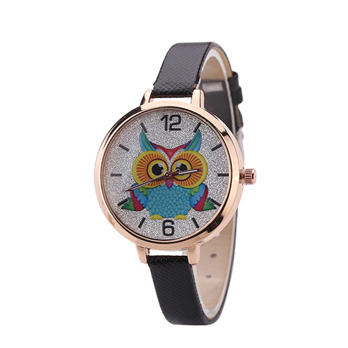 Fashion Black Owl Pattern Decorated Round Dail Design Thin Strap Watch