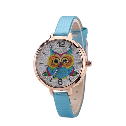 Fashion Blue Owl Pattern Decorated Round Dail Design Thin Strap Watch