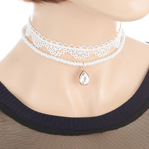 Fashion White Pearls&diamond Decorated Double Layer Design Simple Choker