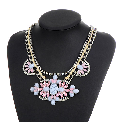 Fashion Pink Oval Shape Gemstone Decorated Double Layer Necklace