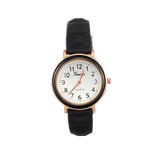 Fashion Black Color Matching Decorated Round Dail Simple Watch