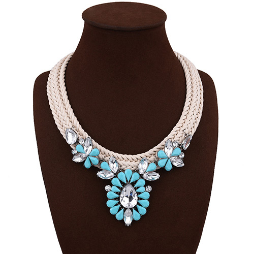Bohemia Blue Geometric Shape Gemstone Decorated Hand-woven Necklace