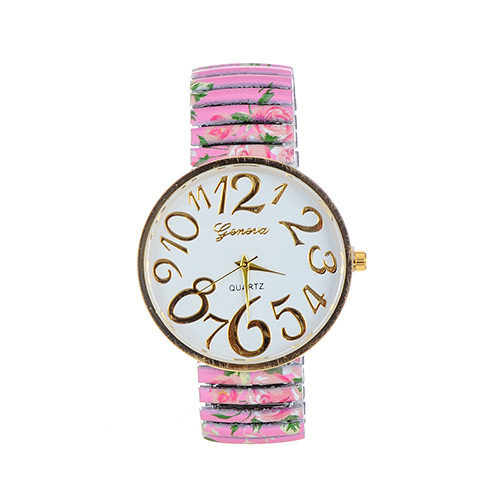 Fashion Pink Painting Flower Pattern Decorated Round Daild Watch
