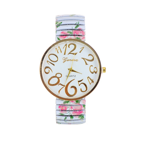 Fashion White Painting Flower Pattern Decorated Round Daild Watch